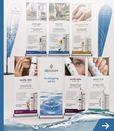 hexa-wasser.com Produktfamilie – sechs Banner mit pure gel, muscle, guardian angel, purity skin, purity eyes und purity nail