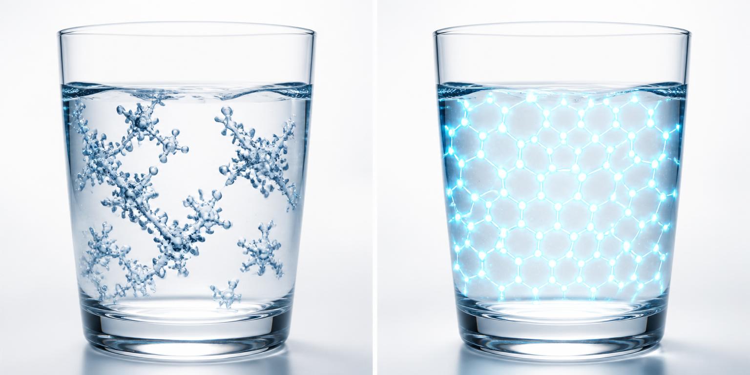 Vorher-Nachher Vergleich: Zwei Gläser klaren Wassers. Links unstrukturierte, große Molekülcluster, rechts geordnete hexagonale Wasserstruktur