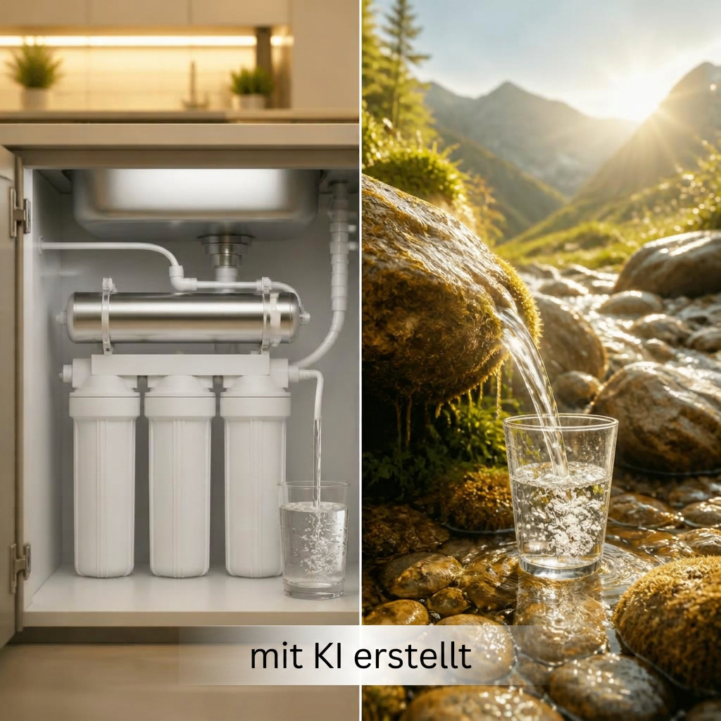 Vergleich: Osmoseanlage in der Küche versus frisches Bergquellwasser